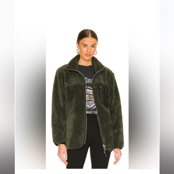 Anine Bing Ryder Green faux Sherpa Jacket, vegan leather trim and pocket - Picture 1 of 11